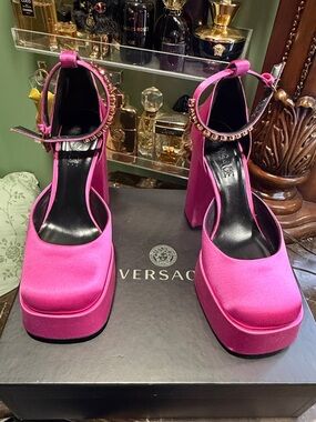 Versace Hot Pink Satin Platform Ankle-Strap Heels